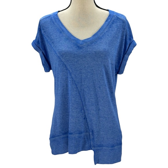 Calvin Klein Rolled Cap Sleeve V-Neck Asymetrical Hem Performance T-Shirt - Blue - Picture 1 of 9